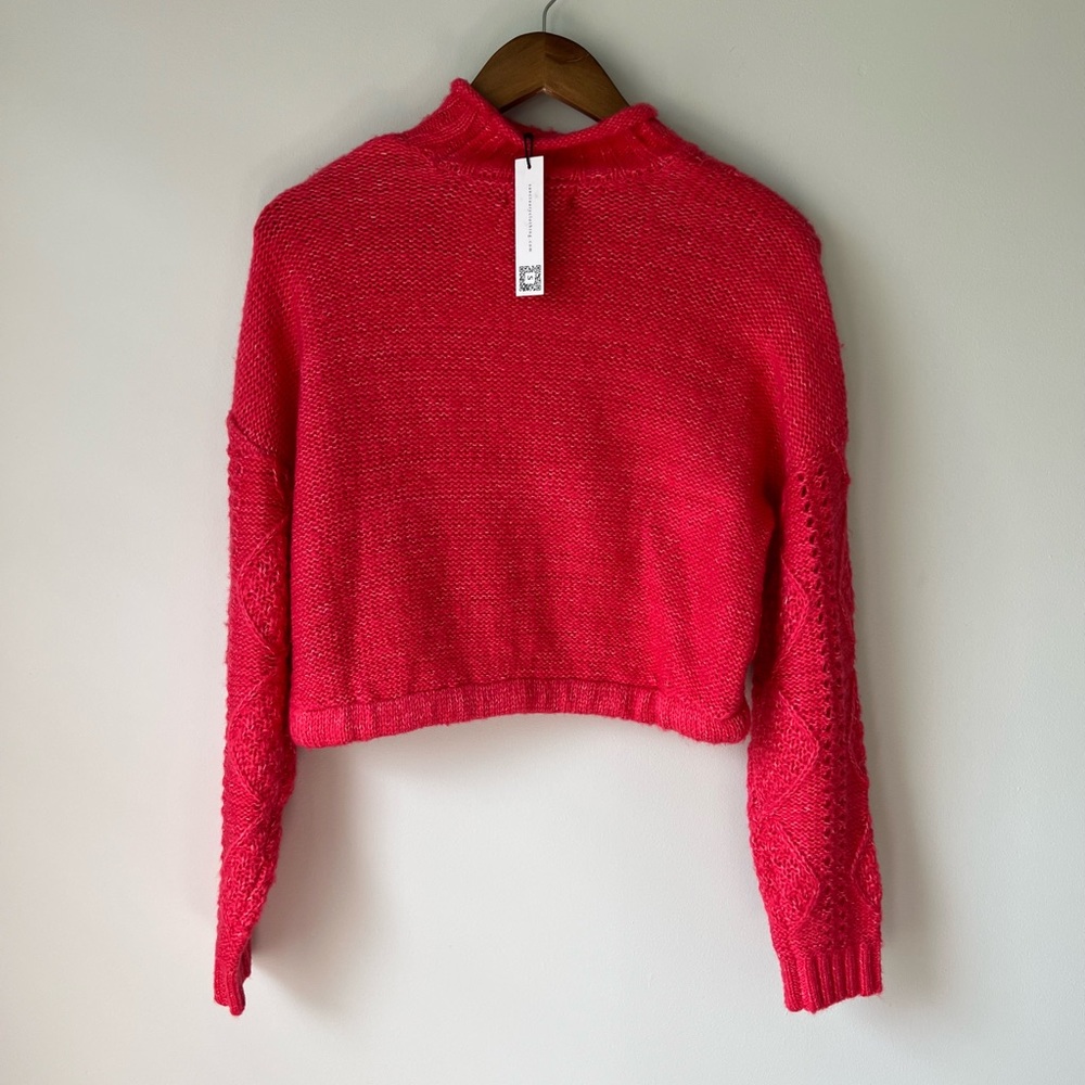Sanctuary Cable Knit Cropped Sweater Sz S Neon Pink Mock Neck Stretch Sweater - Picture 10 of 13